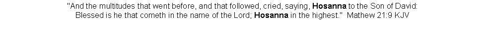 Text Box: "And the multitudes that went before, and that followed, cried, saying, Hosanna to the Son of David: Blessed is he that cometh in the name of the Lord; Hosanna in the highest."  Mathew 21:9 KJV