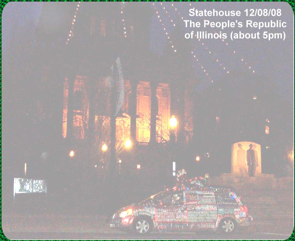 night photograph of driver's side of Liberty Van -smokersrightsvan, at Illinois state capitol, Springfield Illinois