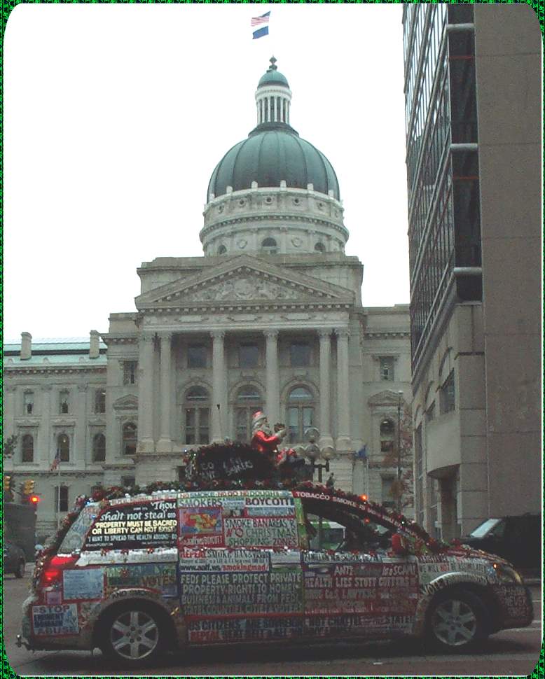 photograph Indiana State Capitol, Indianapolis, Liberty Van - smokers rights van - passenger side, with Christmas decorations